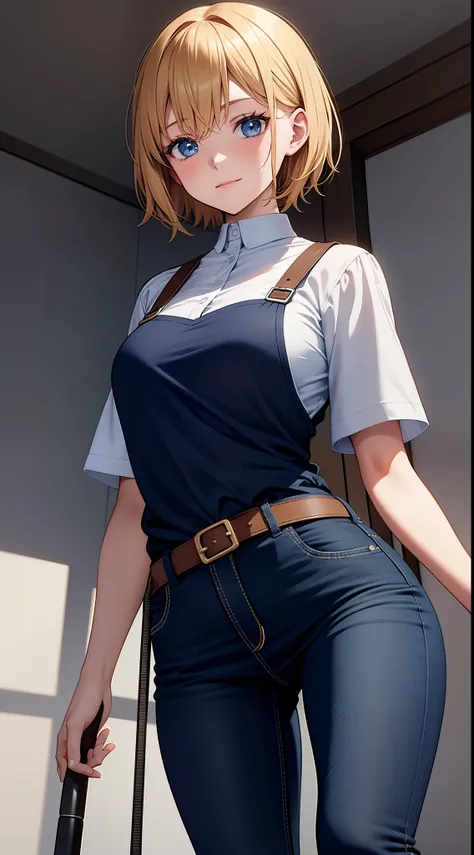 Young girls, blond with short hair, high ponytails, eBlue eyes, ssmile, Blue skinny shirt, denim pant, open shower room, Two swords, fly by rope, tmasterpiece, high high quality, 4K, k hd, Nice details