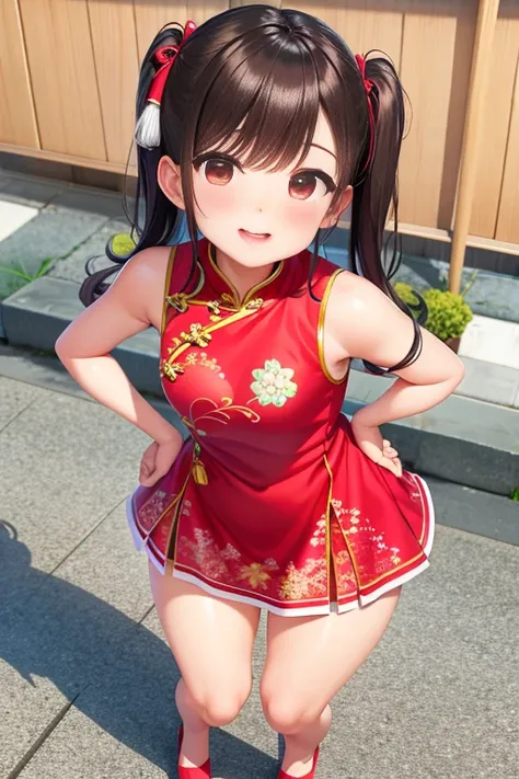 ultra - detailed，tmasterpiece，Best quality at best，love letter，blush blush，Yazawa Nico,red eyes, On the cheongsam,face flushed,Blunt hair,Curved body, On the ground, Beat the , upper legs，chubbiness，ssmile，both hands on hip，The camera looks from bottom to ...