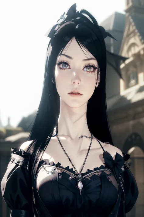 there is a woman with a necklace and a necklace on her neck, gothic maiden anime girl, gothic face, anime style. 8k, with long hair and piercing eyes, detailed long black hair, highly detailed character, gothic girl face, gothic maiden, anime styled 3d, wi...