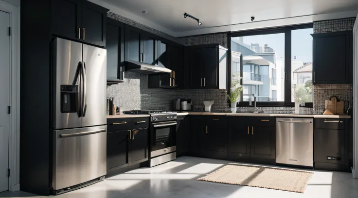 have a black kitchen，Comes with dishwasher and sink, Thomas Bock (Thomas Bock) a 3D render, CG Association Competition Winners, purity, armored car, computer generated, Product renderings, hyperrealistic”, hyperrealistic”, Depicted as a 3D rendering, Hyper...