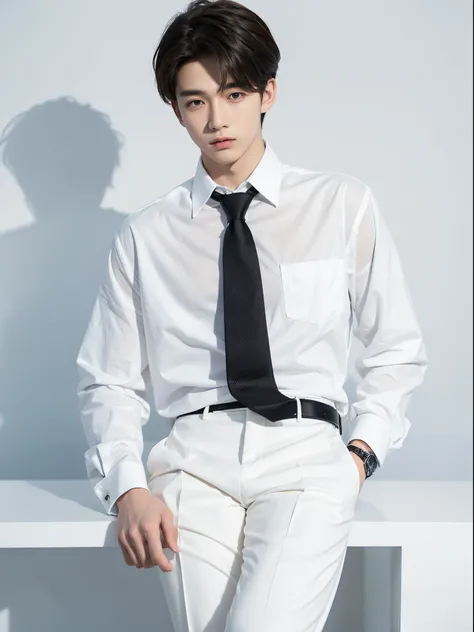 boy, 17 y.o, handsome, white shirt, black pants, tie