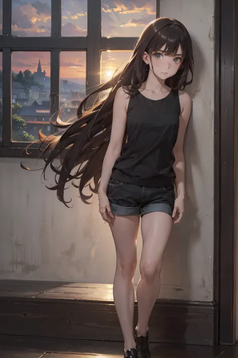 (FULL BODYSHOT、an oil painting、​masterpiece、top-quality、hight resolution、Dark hair、Super long hair、Bangs are aligned、Bad mood、Blue shirt、sleeveless black shorts、Sweaty skin、coast sky、lightly dressed、