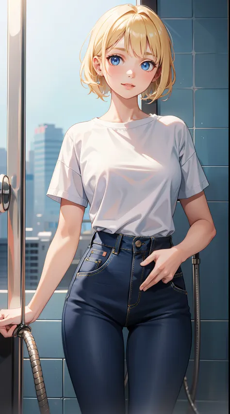 young girls, blond with short hair, high ponytails, eblue eyes, ssmile, blue skinny shirt, denim pant, open shower room, two swo...