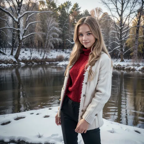 Nikon Z 85mm, Beautiful, one Petite 20-year-old supermodel, long blond hair, Bright gray eyes, ((High detailed skin, Skin Details)), Sharp Focus, 8K UHD, Digital SLR, High quality, gorgeous russian face, smiling, very realistic, ((wearing red fur coat, and...