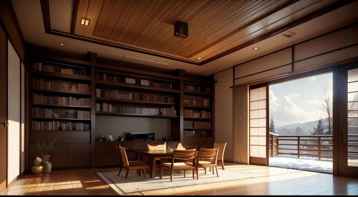 modern Japanese-style home library interior design with a winter nature view. Bookshelves, cozy, dramatic lighting cloudy day, anime couples reading a book together