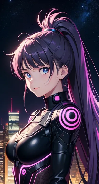 best quality, 4K wallpaper, masterpiece, extremely detailed CG unity 8k wallpaper, extremely detailed eyes, ultra-detailed, intricate details, masterpiece, best quality, 1girl, city pop, akira, night, neon lights, looking at viewer, body at an angle, sligh...