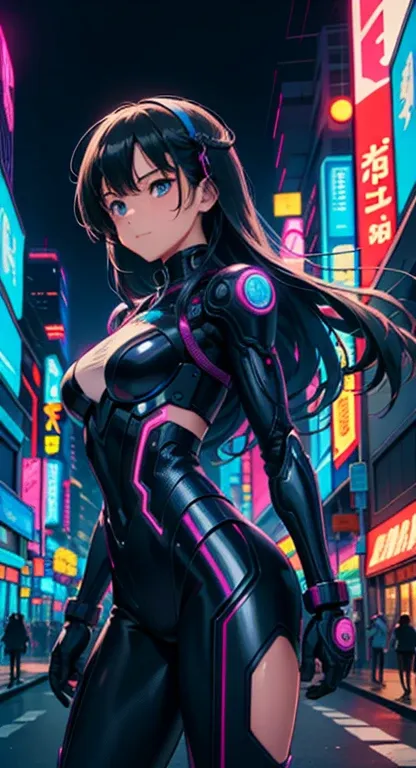 best quality, 4K wallpaper, masterpiece, extremely detailed CG unity 8k wallpaper, extremely detailed eyes, ultra-detailed, intricate details, masterpiece, best quality, 1girl, city pop, akira, night, neon lights, looking at viewer, body at an angle, sligh...