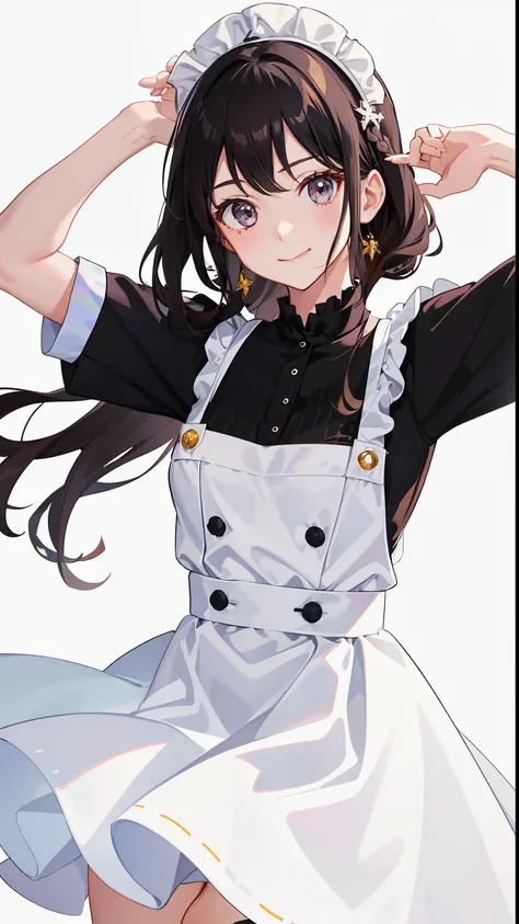 1girl in、A smile、Light in the eyes、The shirt、Blouse、skirt by the、pinafore、hair adornments、maid costume）、（small tits）Chilarism、movement、Upper body portrait、