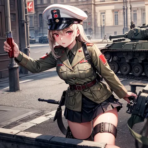 military, ww2, ussr army, Killing expression, Wear a short skirt, Drink vodka, Alone, photo techniques, 5 fingers, girl, Red eye