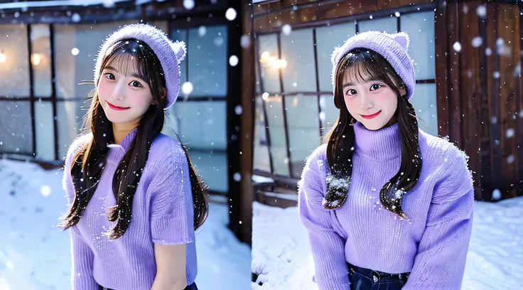 Cute girl 18 years old wearing a purple miniskirt、tome&#39;Its snowing outside