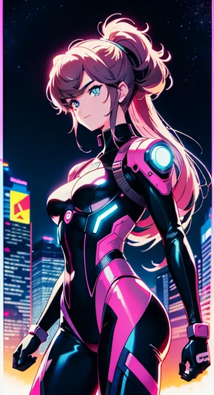 best quality, 4K wallpaper, masterpiece, extremely detailed CG unity 8k wallpaper, extremely detailed eyes, ultra-detailed, intricate details, masterpiece, best quality, 1girl, city pop, akira, macross night, neon lights, looking at viewer, body at an angl...