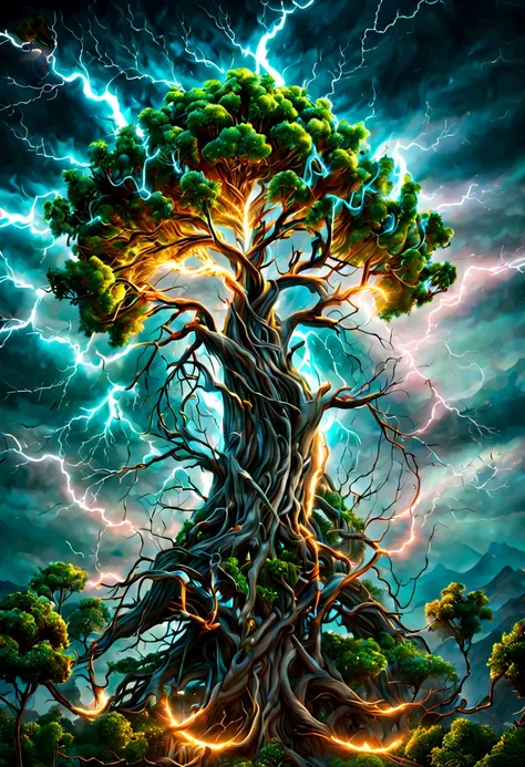 A surrealistic tree surrounded by electricity, Entangled Lightning Magic, full of power Magic, octane render, intricate, (best quality, masterpiece, Representative work, official art, Professional, unity 8k wallpaper:1.3)