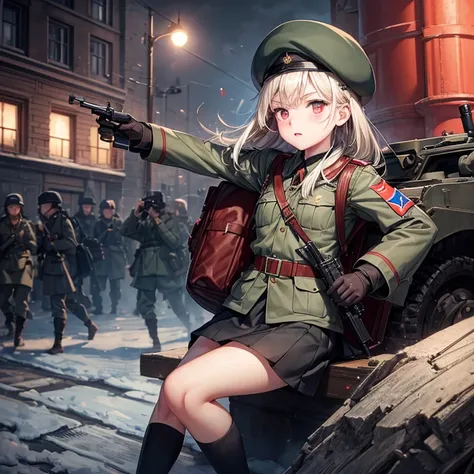 military, ww2, ussr army, Killing expression, Wear a short skirt, Drink vodka, Alone, photo techniques, 5 fingers, girl, Red eye, Carrying an AK-47, Ushanka hat