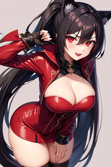 vampire catgirl with long black hair in a pony tail wearing a vincent valentine outfit