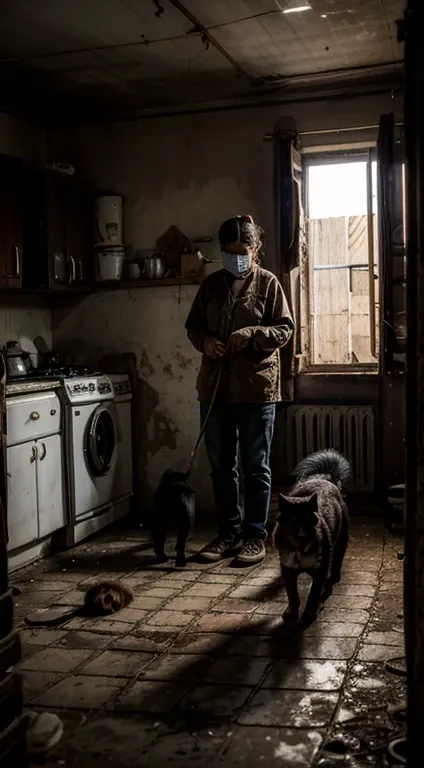 Dark background, dangerous, numerous dogs and cats, animals, inside old dirty houses, poor carers