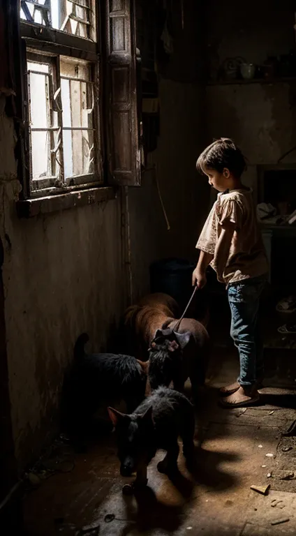 Dark background, dangerous, numerous dogs and cats, animals, inside old dirty houses, poor carers