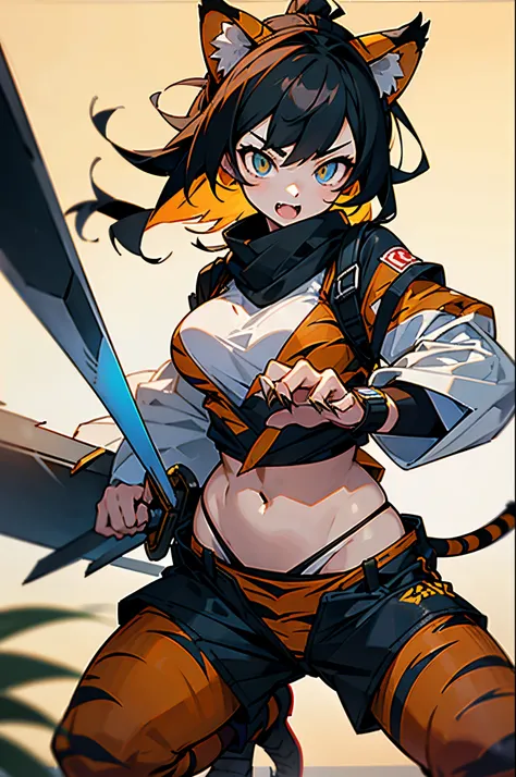 master-piece,hyper quality,hyper detailed,perfect drawing,1 beautiful girl, tiger print bikini, tiger ears, tiger tail, tiger palm, tiger paws, tiger fingers, sharp claws, sharp fangs, hunters eyes aiming at prey, black hair and blonde mesh, sharp eyes, he...