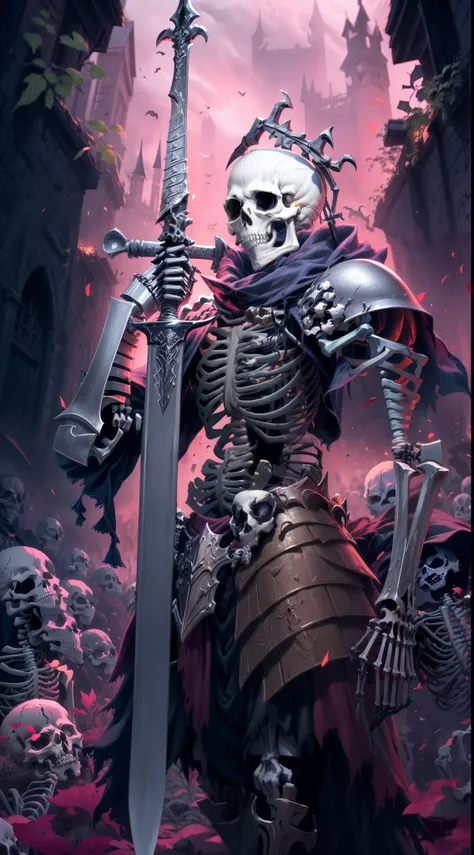 a close up of a person holding a sword in a field, skeleton knight, skeleton warrior, skeleton king, undead knight, death vally, bone armor, the harbringer of death, dead cells, by Ryan Yee, dark souls art style, ( ( ( skeleton ) ) ), skelleton, scary knig...