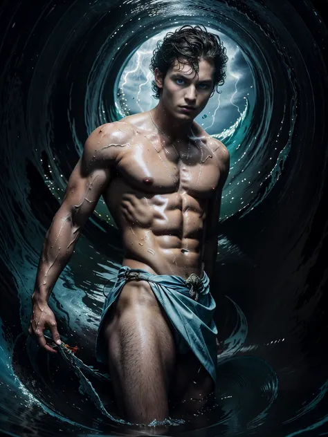 ((masterpiece)),((best quality)),8k, high detailed, ultra-detailed, Stylish Pose, real skin texture, dark cinematic lighting, 18-year-old italian male model, handsome, cute looking, divine look, (powerful light blue eyes:1.6), (Poseidon god:1.4), (god of t...