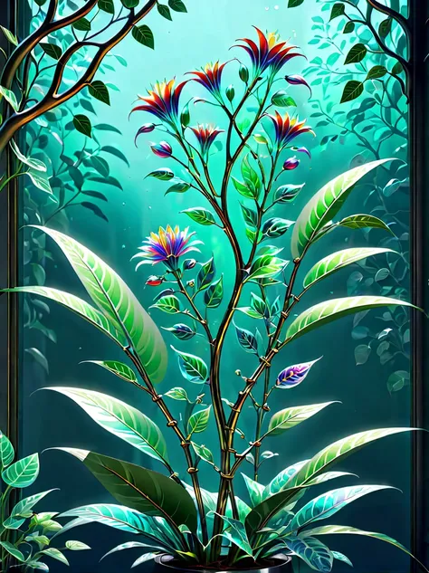 stained glass style，(a magical plant，Irridescent color，Half of its stems and leaves are made of bionic mechanical metal，The other half is flowers grown from pure natural plants。The characteristic of this plant is that its flowers are very bright and beauti...