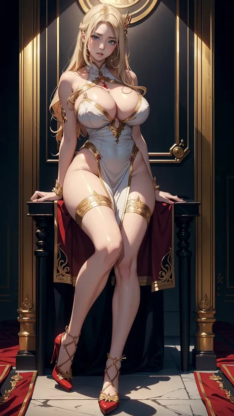 femele１，a blond，20yr old，Background in front of the throne，Sexual innuendo，big breasts thin waist，long legged，Oversized，fullnude，((masutepiece)),(((top-quality))),((Ultra-detailed)), ((beautifull detailed face)), ((Cinematic lighting)), depth of fields, be...