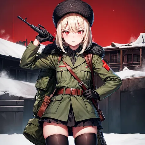 military, ww2, ussr army, Killing expression, Wear a short skirt, Drink vodka, Alone, photo techniques, 5 fingers, girl, Red eye, Carrying an weapon, ushanka, big dick , femboy, sex