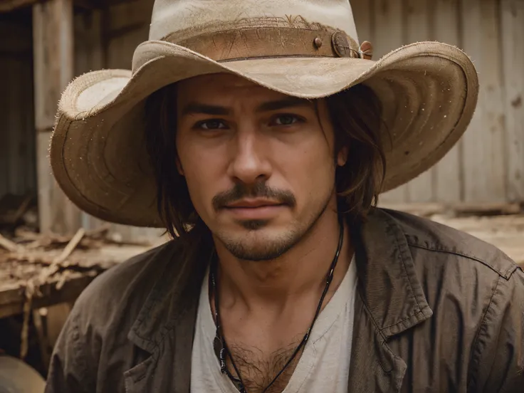 a handsome man, cowboy hat, portrait, hard worker, poor, realistic image