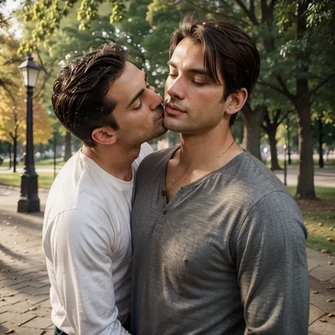 a dark haired man carrying and kissing a blonde haired man on the lips in the park