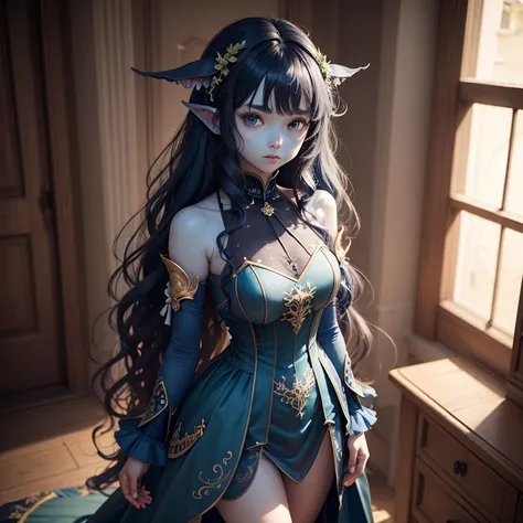 ( blue skin)  Single female with legs. Fin ears Dark green wavy hair. Shell hair ornaments. Standing up with dress on