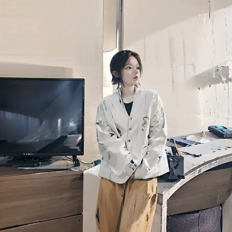 there is a woman standing in front of a television in a room, Cui Xianhua, from me, Lee Ji-eun, lee ji eun, exclusive, Shin Min-jung, Jiama Chan, tusks, Light brown, jiyun chae, Winters, cardigan shirt, short detailed hair, Dressed as a fisherman 🧥, Open j...