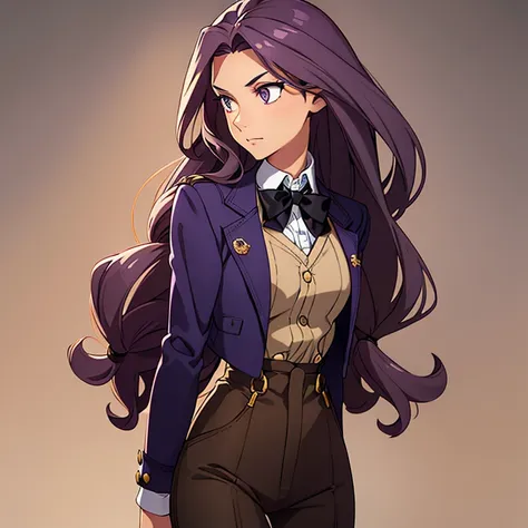 A girl with tan skin and a slim physique. She has long wavy violet hair that lays to the middle of her back. She has golden amber eyes. She is wearing a lavender button down long sleeve shirt, black pants and waistcoat, black gloves, black suspenders, and ...