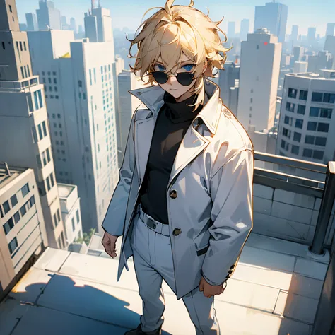 Messy Blonde Hair , Blue Eyes , Black Sunglasses , White Turtleneck , Whitw outfit , modern city background , Standing On street , intricate detail , 1male , Sunny Day