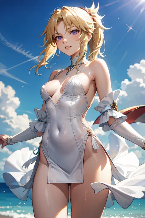 Mordred pendragon, Altas Resoluciones,  alta calidad,  Obra maestra, mxmkWhiteDress,  hombro desnudo, purple eyes, vestido blanco, trenza, Choques, Playa
Mostrando sus pies descalzos,