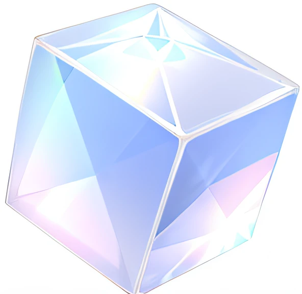 There is a white box with a blue lid on the table, translucent cubes, solid cubes of light, cubes, one  cubes, cubes shaped, 超cubes, 二向色prisms, Soft and colorful 3D, prisms, Crystal material, translucent stainless steel, cubess, light prisms, Cold, the cub...