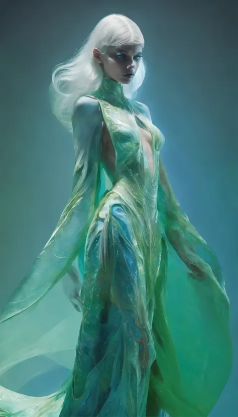 In a mesmerizing display of extraterrestrial fashion, a luminous being adorned in iridescent robes commands attention. The subject of this oil painting is a captivating alien figure, its ethereal presence captured on canvas. Brilliant hues of electric blue...