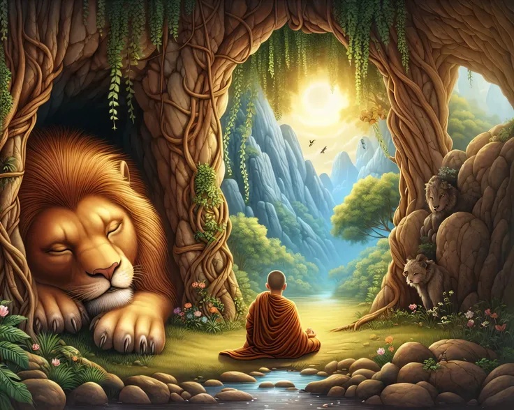 a painting of a lion and a monk sitting in a cave, by Kerembeyit, lisa parker, on path to enlightenment, inspired by Christophe Vacher, buddhism, amazing depth, inspired by Kerembeyit, on the path to enlightenment, serene illustration, monk meditate, enlig...