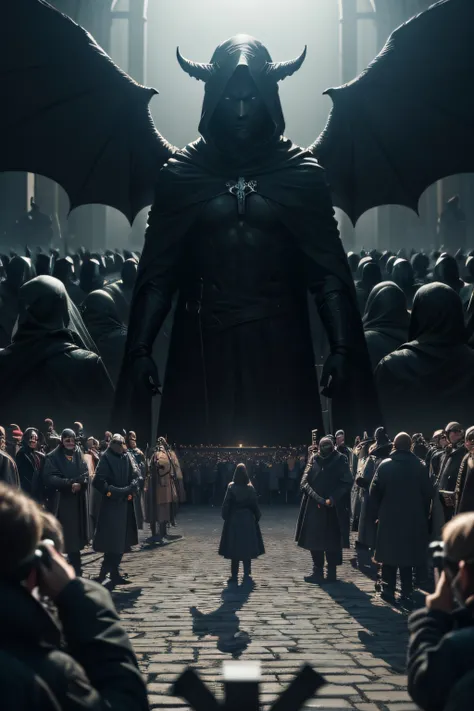 In a powerful cinematic scene, a crowd of people bearing crosses is juxtaposed against a mirror reflecting menacing demons. This stark contrast highlights the eternal struggle between good and evil. Camera Settings: The scene is captured with a balanced ap...