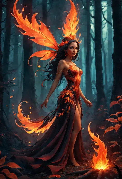 fire magic plant,burning leaves,giant plant of fire,glowing embers,fiery tendrils,dancing flames, vibrant red and orange colors,smoke rising, intense heat, illuminated in darkness,crackling sounds,enchanted forest,otherworldly beauty,vivid and surreal,fier...