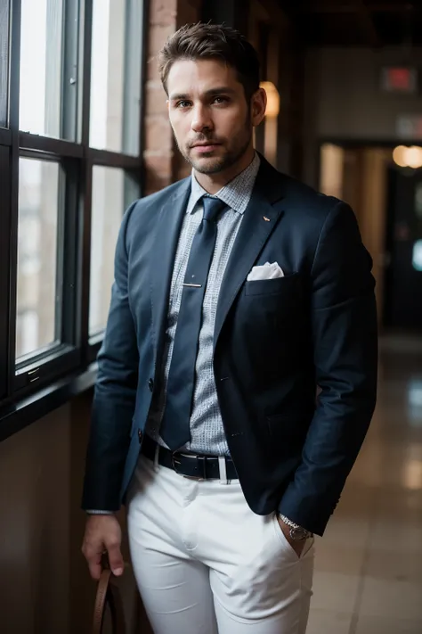 (professional studio photo of a 36 year old European man with short black hair., decorated in a business style.., dressed in a dark blue business suit made of high quality wool::2), (Dark blue wool jacket, White open-collar shirt, navy blue pants, brown le...