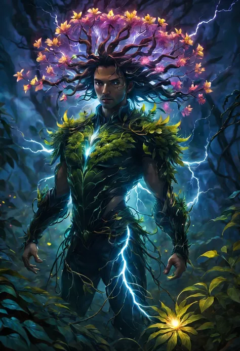 (a thunderous, magical plant) lightning magic, glowing leaves, vibrant colors, mystical energy, intricate vines, sparkling flowers, enchanting aura, crackling thunder, electric tendrils, ethereal glow, pulsating roots, electrifying blooms, radiant foliage,...