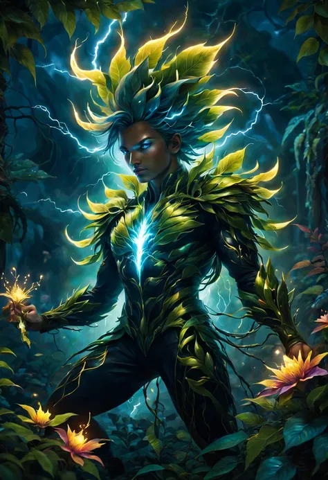 (a thunderous, magical plant) lightning magic, glowing leaves, vibrant colors, mystical energy, intricate vines, sparkling flowers, enchanting aura, crackling thunder, electric tendrils, ethereal glow, pulsating roots, electrifying blooms, radiant foliage,...