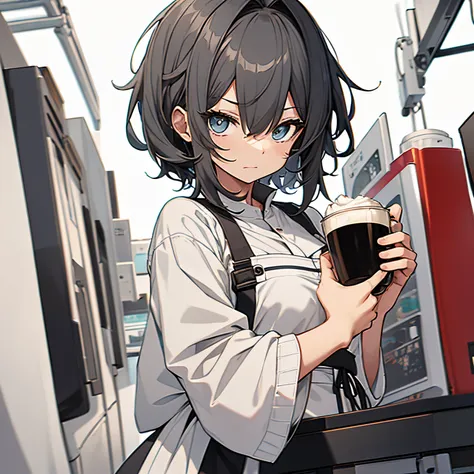 (masutepiece:1.2, Best Quality),  [1 girl in, expressioness, Turquoise eyes, front facing, jet-black hair, half short hair,straight hair,Cafe Apron, black skirt,] (Gray white background:1.5),