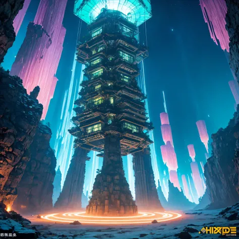 Alien Hexagonal Base (very detailed nipples) In a hexagonal mountain oasis，There are several hexagonal exhaust fans and chimneys, some neon lights projecting from the base，Light up the dark night), There are some clouds in the night sky, Some surrounding p...