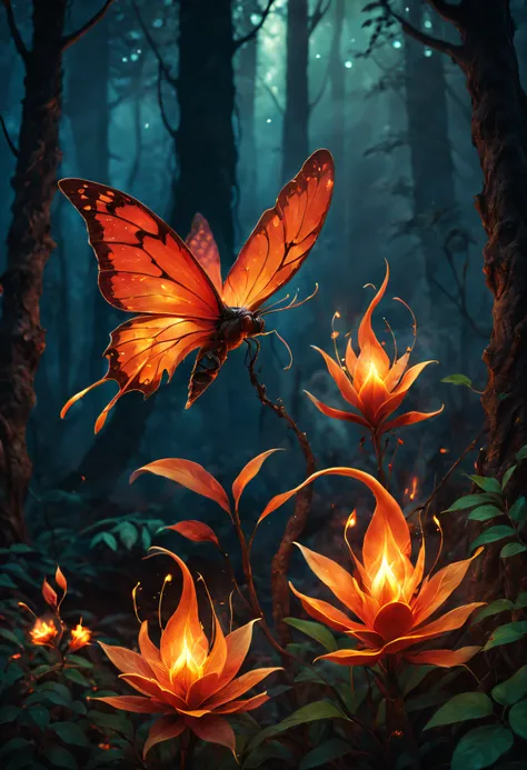 Fire magic plant,Burning leaves,huge fire plant,Glowing embers,Fiery tendrils,Dancing flames, Vibrant reds and oranges,Smoke rises, intense heat, illuminated in the dark,Crackling,an enchanted forest,otherworldly beauty,vivid and surreal,fiery light,Fascin...