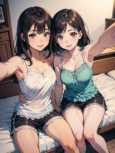 realistic, 2girls, ((selfie)), brown eyes, body close together, looking up, mouth wide open, smiling, face extra large zoom, sitting on bed, sexy, (bare shoulders), (covered nipples), (camisole), (lace-trimmed), (shorts), (dolphin shorts), (small breasts)