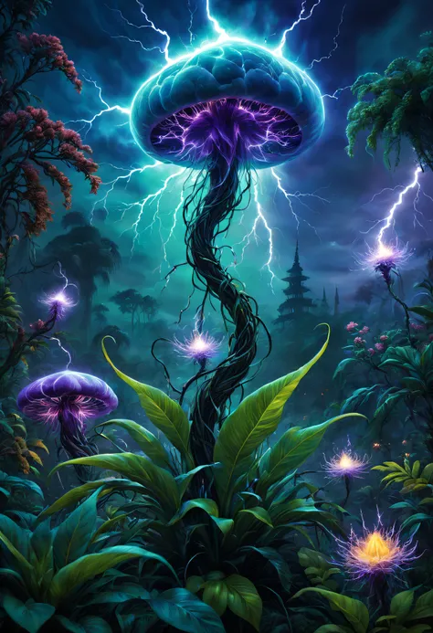 (Best quality at best,4K,8K,A high resolution,tmasterpiece:1.2),ultra - detailed,(actual,photoactual,photo-actual:1.37),magic lightning magic alien plant,Glowing mysterious flora,A feast of luminous plant wonders,Alien creature that breathes lightning,Spar...