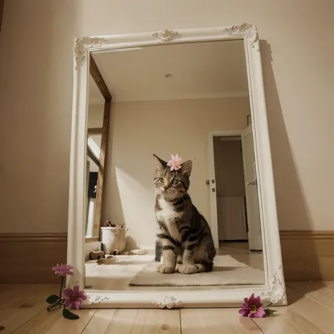 Cartoon of Tabby kitten with a flower, looking into a mirror