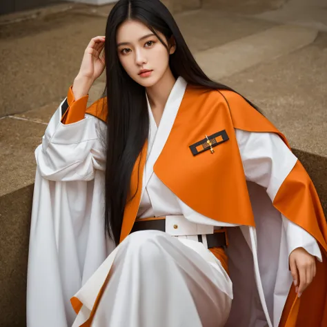 Long black hair white 17 year old girl wearing military uniform, Orange cape, big hazel eyes, sci-fy, Dark mood, Charturnerv2