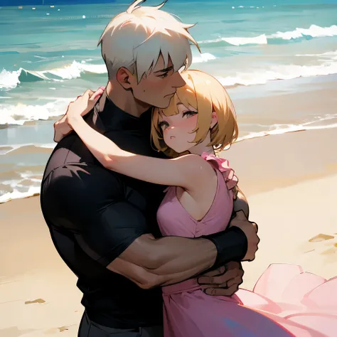 A muscle man hugging with his woman.
He have short blonde hair and wear black clothes 
She have white hair and wear pink dress 
 They are on the beach