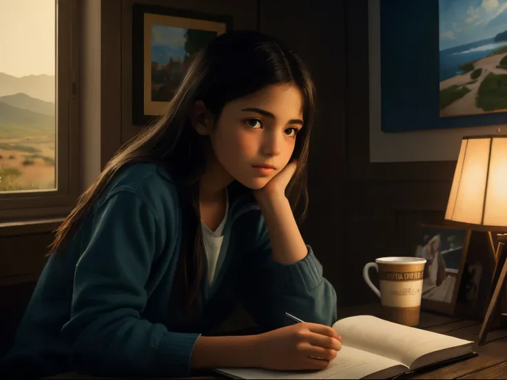 Create a masterful masterpiece book cover of 14 year old girl dreaming of a better life looking at the ultra-detailed horizon inspired by Drew Struzan,soft lighting, masterpiece, best quality, 8k uhd, dslr, film grain, photorealistic painting Fujifilm XT3